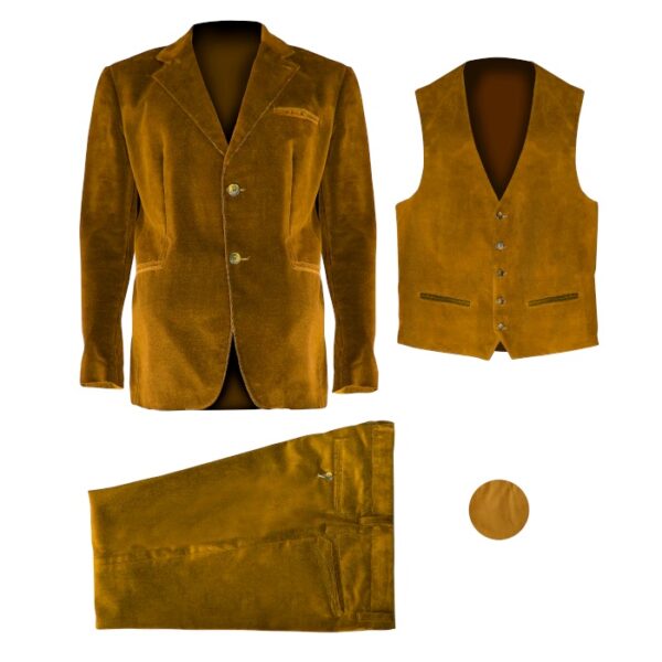 una giacca, un gilet, un pantalone dello stesso colore giallo disposti separatamente