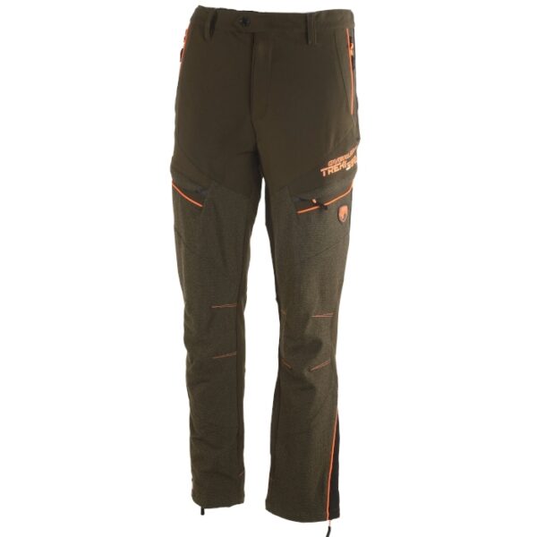 pantalone in tessuto tecnico idrorepellente color verde con profili fluorescenti ad alta visibilità per lo sport della caccia o treccking