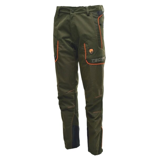 pantalone in tessuto tecnico adatto per l'utilizzo in montagna per lo sport della caccia color verde con profili arancioni ad alta visibilità