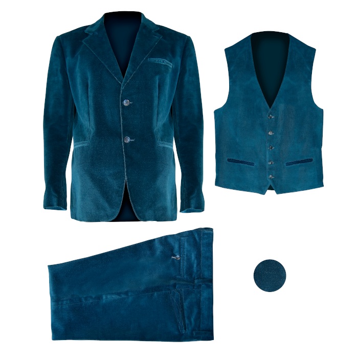 giacca, gilet, pantalone in velluto azzurro